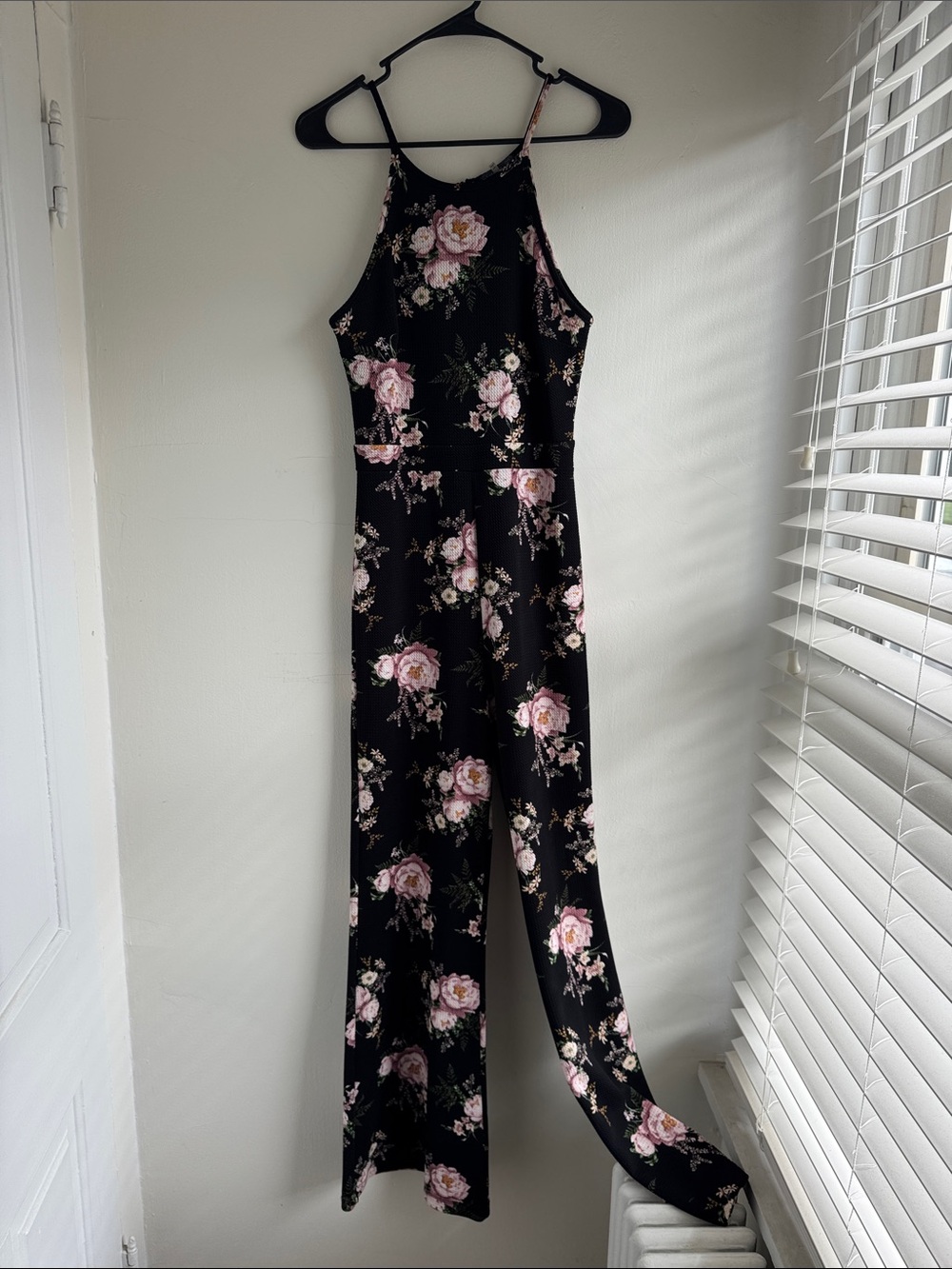 Soprano Black Halter Floral Jumpsuit with Pink Roses